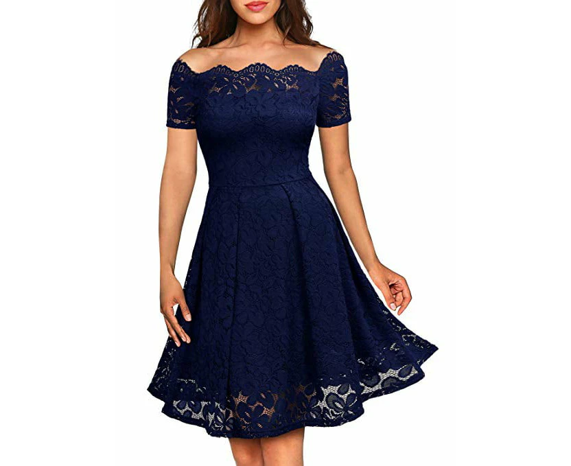 Women Vintage Floral Lace Boat Neck Cocktail Formal Swing Dress,Blue,Xl