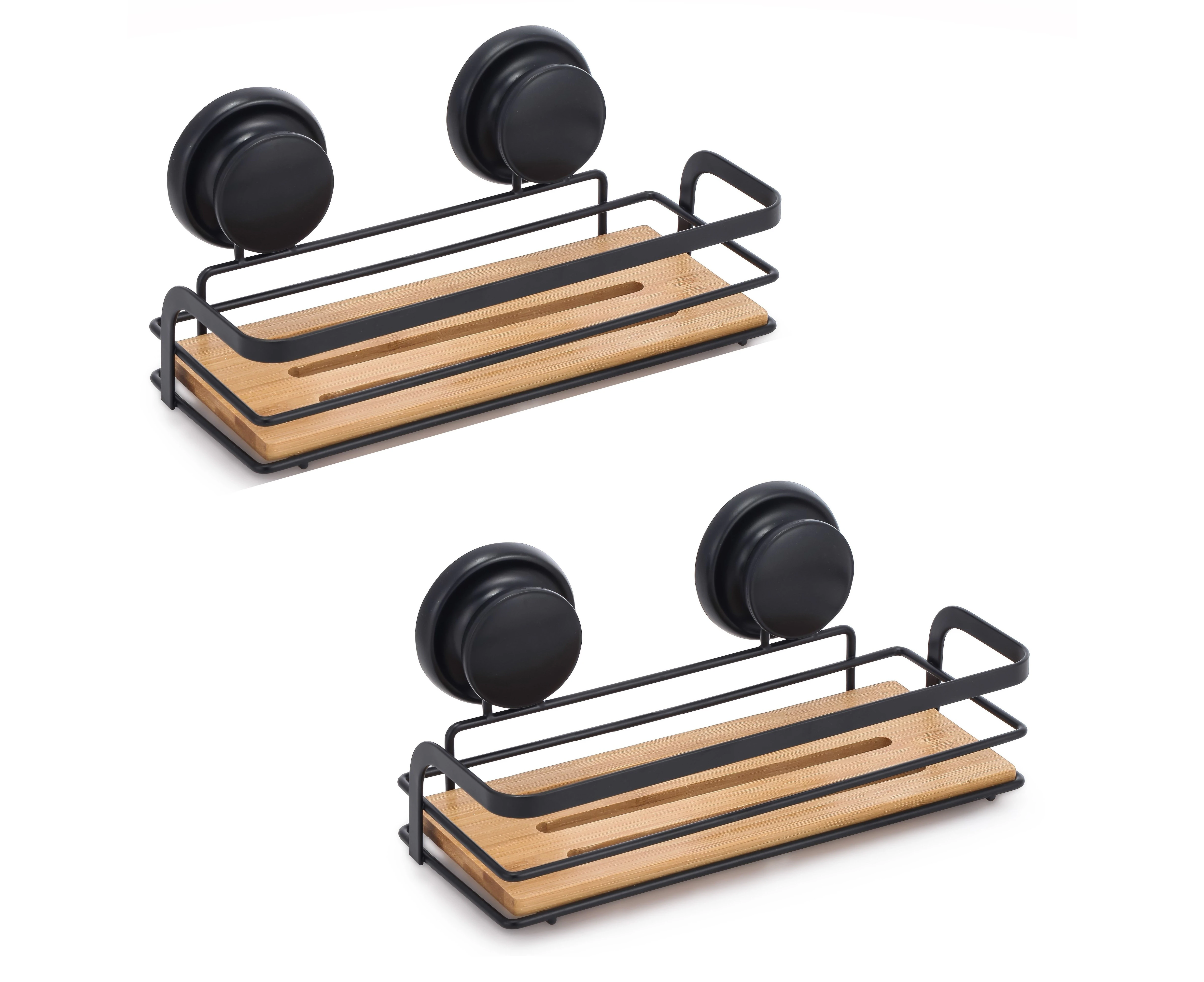 2 Pack Rectangular Bamboo Corner Shower Caddy Shelf Basket Rack with Premium Vacuum Suction Cup No-Drilling for Bathroom and Kitchen