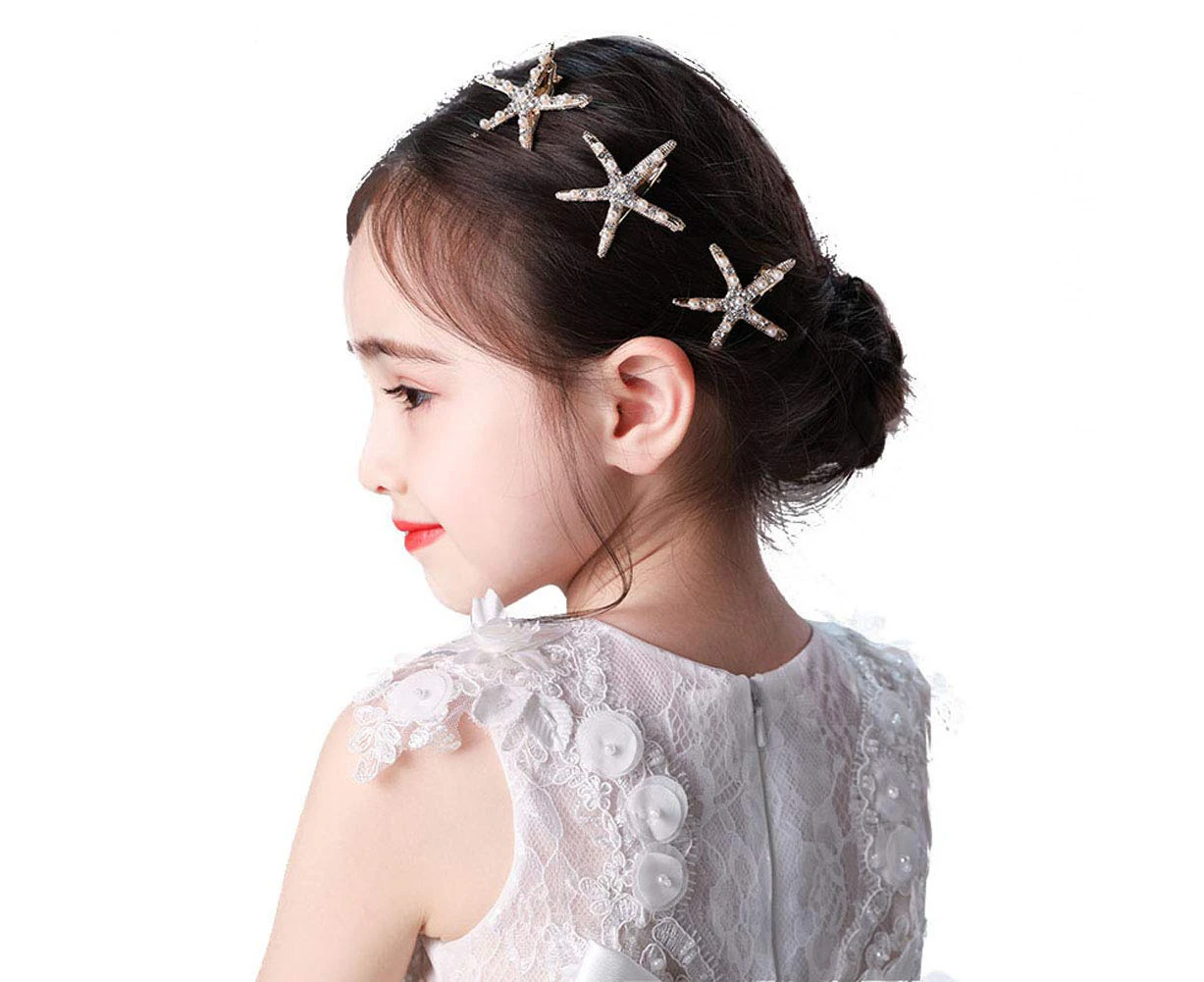 3 Pcs Starfish Hair Clip Bridal Flower Girl Accessories for Wedding, Faux Pearl Crystal Rhinestone Jewelry Pin Ceremony Party Wedding