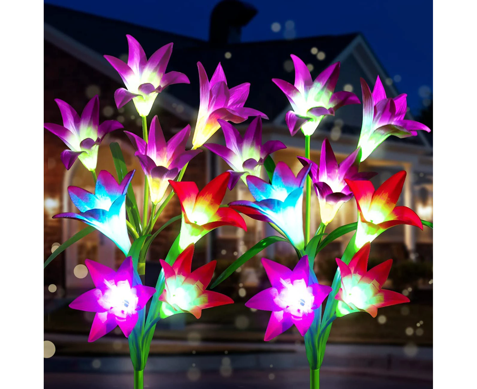 4 Pack Solar Flower Lights with 16 Bigger Lily Flowers Garden Lights Solar Powered 7-Color Changing Solar Garden Lights