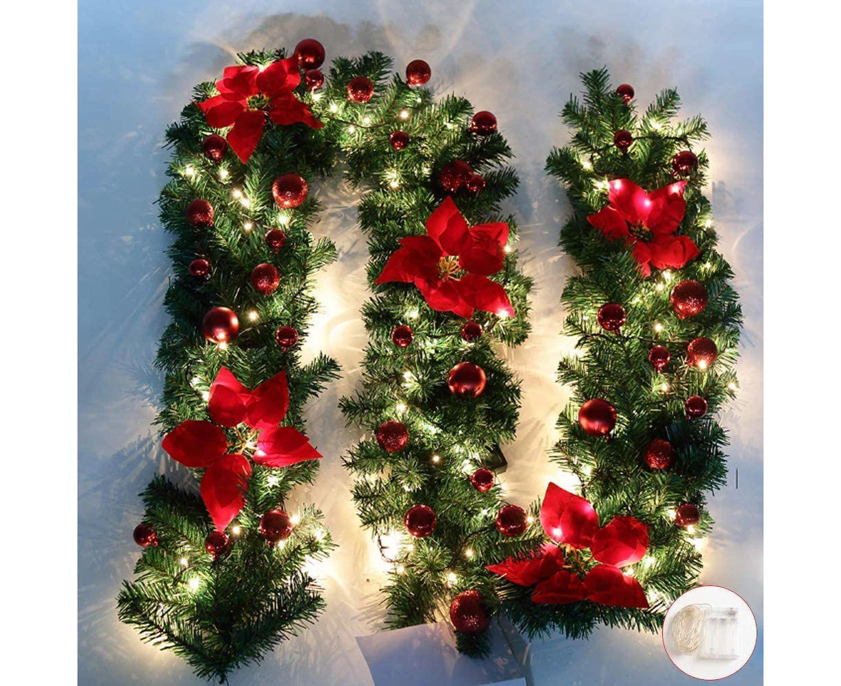 9FT Pre Lit Christmas Garland with Lights Door Wreath Xmas Fireplace Decor LED - Red