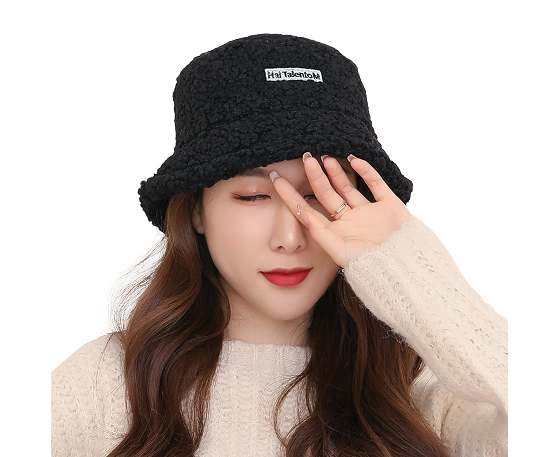 Bucket Hat Fashion Letter Label Fluffy Japanese Style Thickened Casual Keep Warm Sherpa Autumn Winter Thermal Fisherman Cap for Daily Life Black