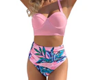 Padded Underwire Beach Bikini Set Two Piece Halter Bra Leaf Print High Waist Briefs Swimwear for Water Activity-Pink