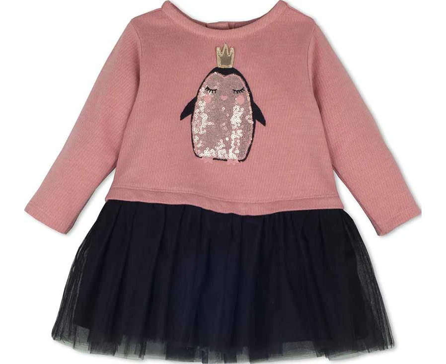 Mamino Baby Girl Pinguin Pink & Black Dress with Tulle