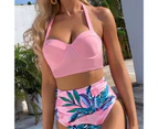 Padded Underwire Beach Bikini Set Two Piece Halter Bra Leaf Print High Waist Briefs Swimwear for Water Activity-Pink