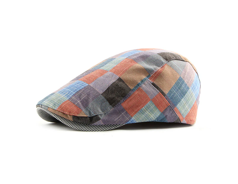 Men Women Plaid Cotton Newsboy Hat Flat Cap Adjustable Beret with Visor - Watermelon Red