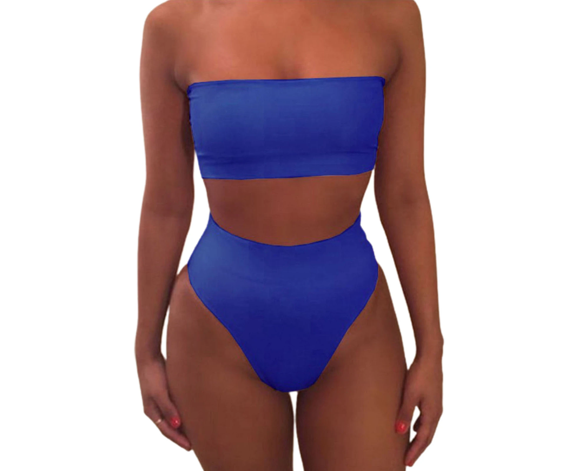 2 Pcs/Set Bikini Set Solid Color Elastic High Waist Strapless Summer Lady Swimsuit for Swimming-Blue