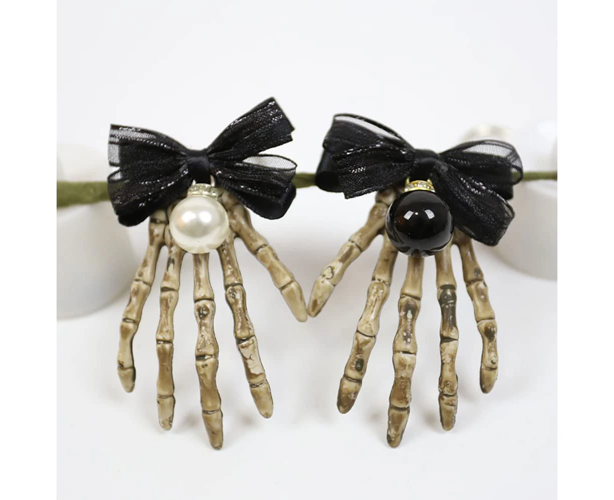 1 Pair Skeleton Hands Hair Clips Halloween Gothic Horror Bone Hair Clip for Women Girls Accessory, Bowknot Pearl Design, White and Black