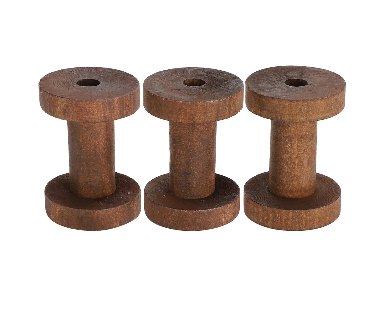 3Pcs Wooden Spools Reels Dark Brown Chic Bobbins For Crafts Diy Sewing Threading Tools