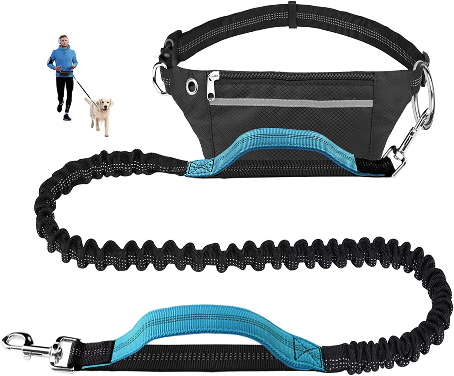 PHOmance-for running, jogging, hiking, retractable bungee dog leash, jogginglein dog, adjustable hip belt, reflective seams-Blau