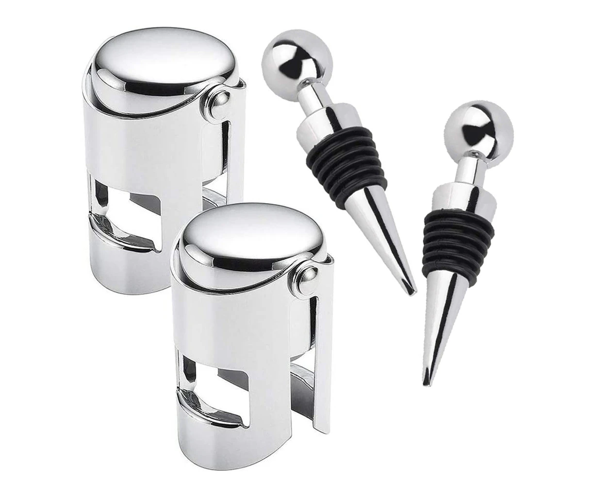 2 stainless steel champagne stoppers + 2 metal round head six wire wine stoppers