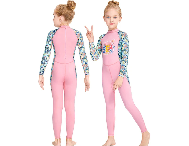 Kids Swimsuit Girls Long Sleeve Swimwear Children One Piece Sunsuits Swimming Costume Sun Protection Pink