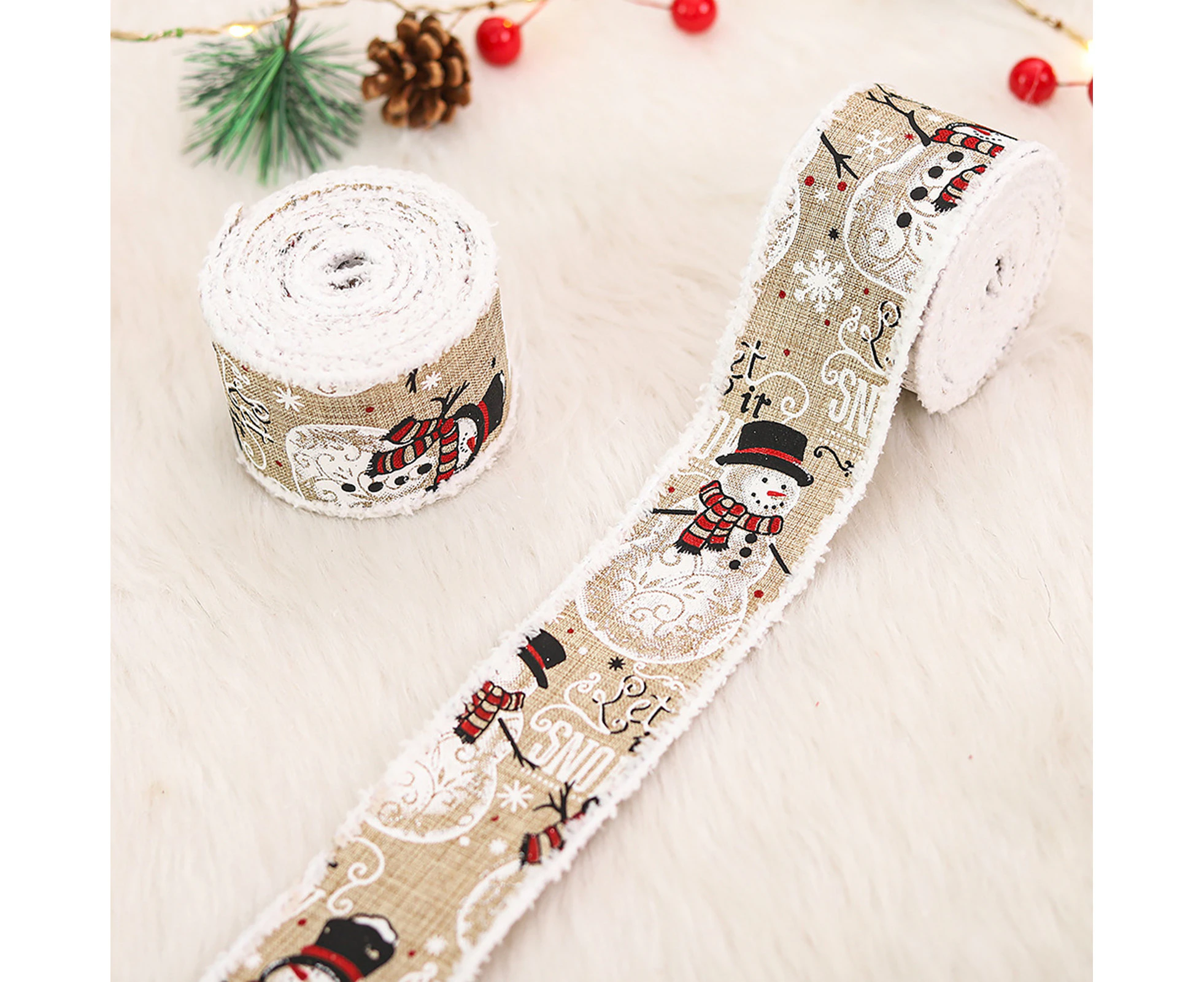 1 Roll Rough Selvedge Wrapping Ribbon Snowman Pattern Imitation Linen Soft Touch Grosgrain Ribbons Party Decor - Khaki