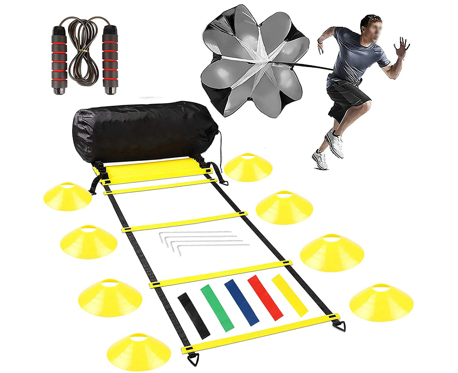 Sport Agility Ladder Speed Training Equipment Set,8 Cones And Resistance Parachute 16 Rung, Jump Rope,Agility Ladder Set