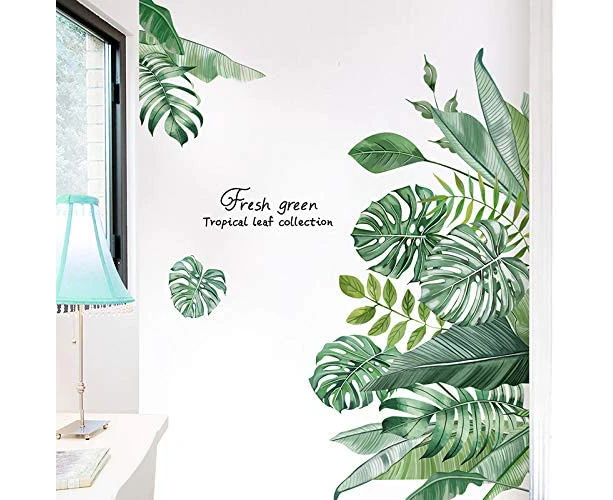 Green Tropical Leaves Wall Decal, Nature Palm Tree Leaf Plants Wall Sticker Art Murals, Waterproof DIY Wall Decor for Bedroom Living Room Classroom