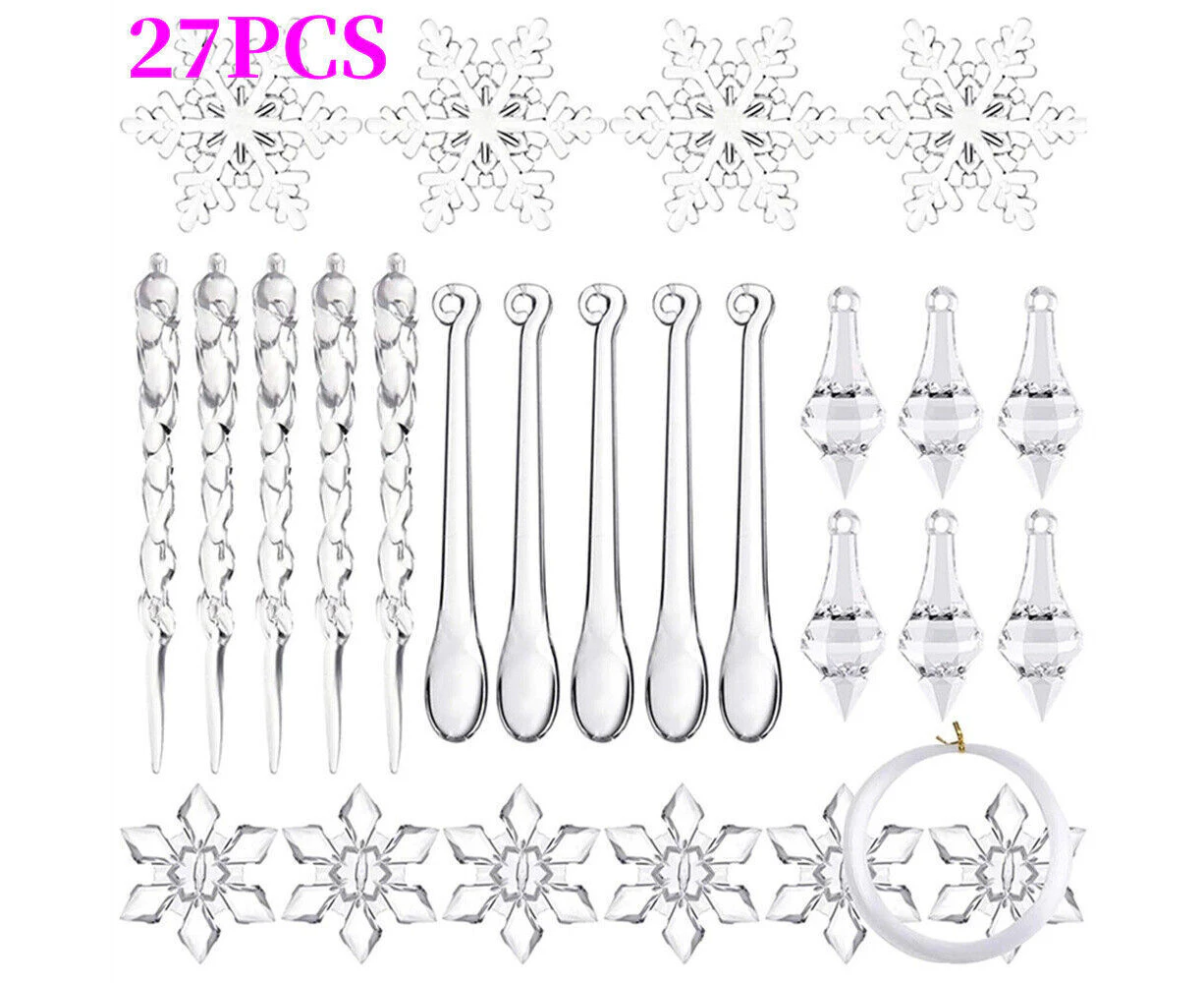 27Pcs Christmas Snowflake Icicle Ornaments Hanging Pendant Xmas Tree Home Decor