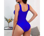 Women Swimsuit See-through Mesh Deep V Neck Patchwork Summer Monokini for Swimming-Blue