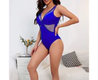 Women Swimsuit See-through Mesh Deep V Neck Patchwork Summer Monokini for Swimming-Blue