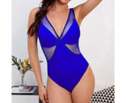 Women Swimsuit See-through Mesh Deep V Neck Patchwork Summer Monokini for Swimming-Blue