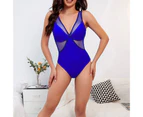 Women Swimsuit See-through Mesh Deep V Neck Patchwork Summer Monokini for Swimming-Blue