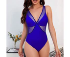 Women Swimsuit See-through Mesh Deep V Neck Patchwork Summer Monokini for Swimming-Blue