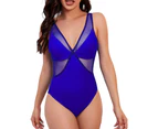 Women Swimsuit See-through Mesh Deep V Neck Patchwork Summer Monokini for Swimming-Blue