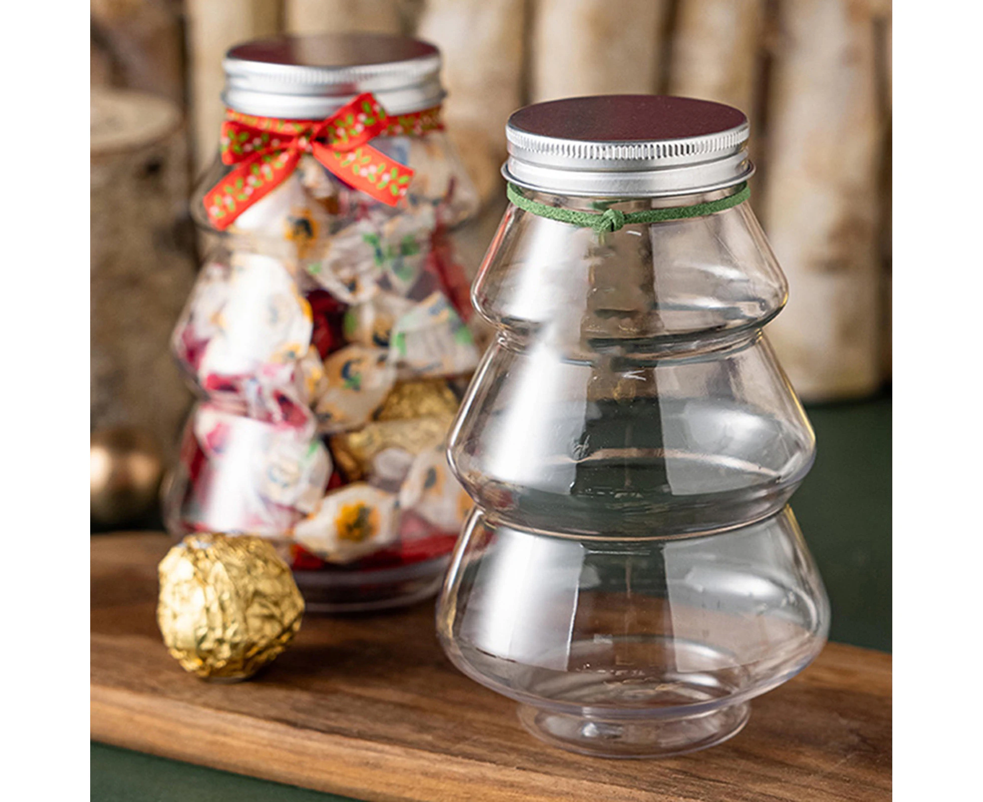 6Pcs Cookie Candy Jars with Decor Strap Unbroken Christmas Tree Shape Cover Design Good Sealing Store Snacks Transparent Christmas Tree Decorative - Silver