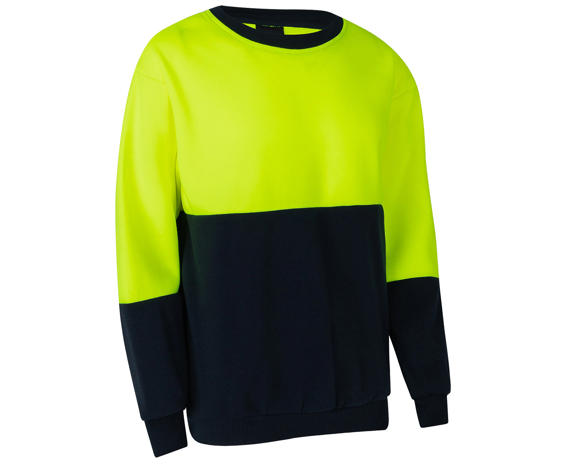 Hi Vis Reflective Pullover Jumper Fleece Sweatshirt Crew Neck Safety Workwear - Fluro Yellow / Navy