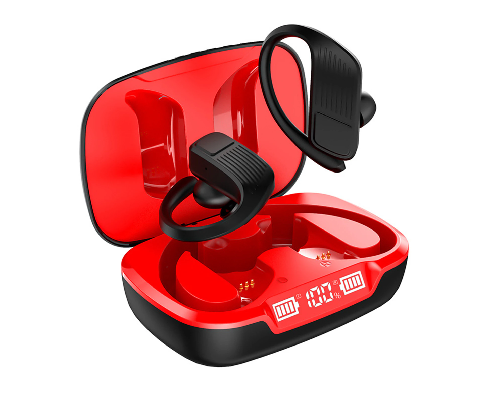 T11-A Wireless Earphone High Fidelity Noise Reduction LED Digital Display Bluetooth compatible5.0 Stereo Ear Hook Earbud for Running - Black & Red