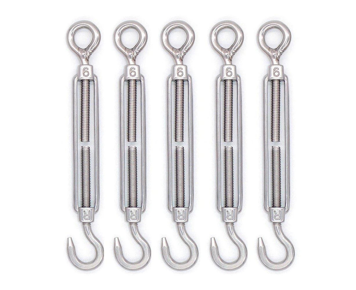 Turnbuckle Tension Hook and Eye Hook and Eye Turnbuckle 304 Stainless Steel Hardware Kit for Wire Rope Tension Heavy Duty Shade Sail Mount 5-Pack