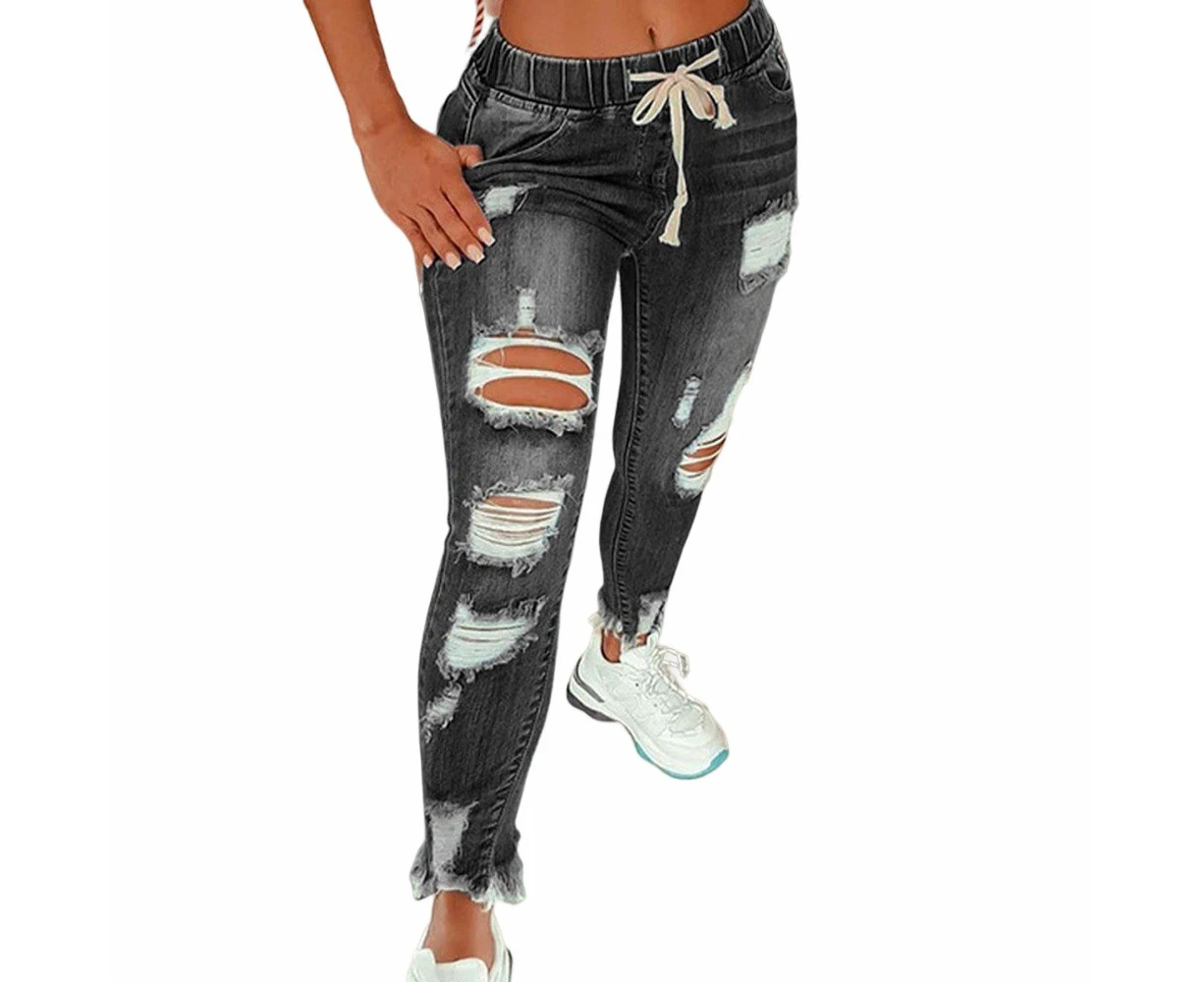 Women's Drawstring Shredded Jeans - GRAY