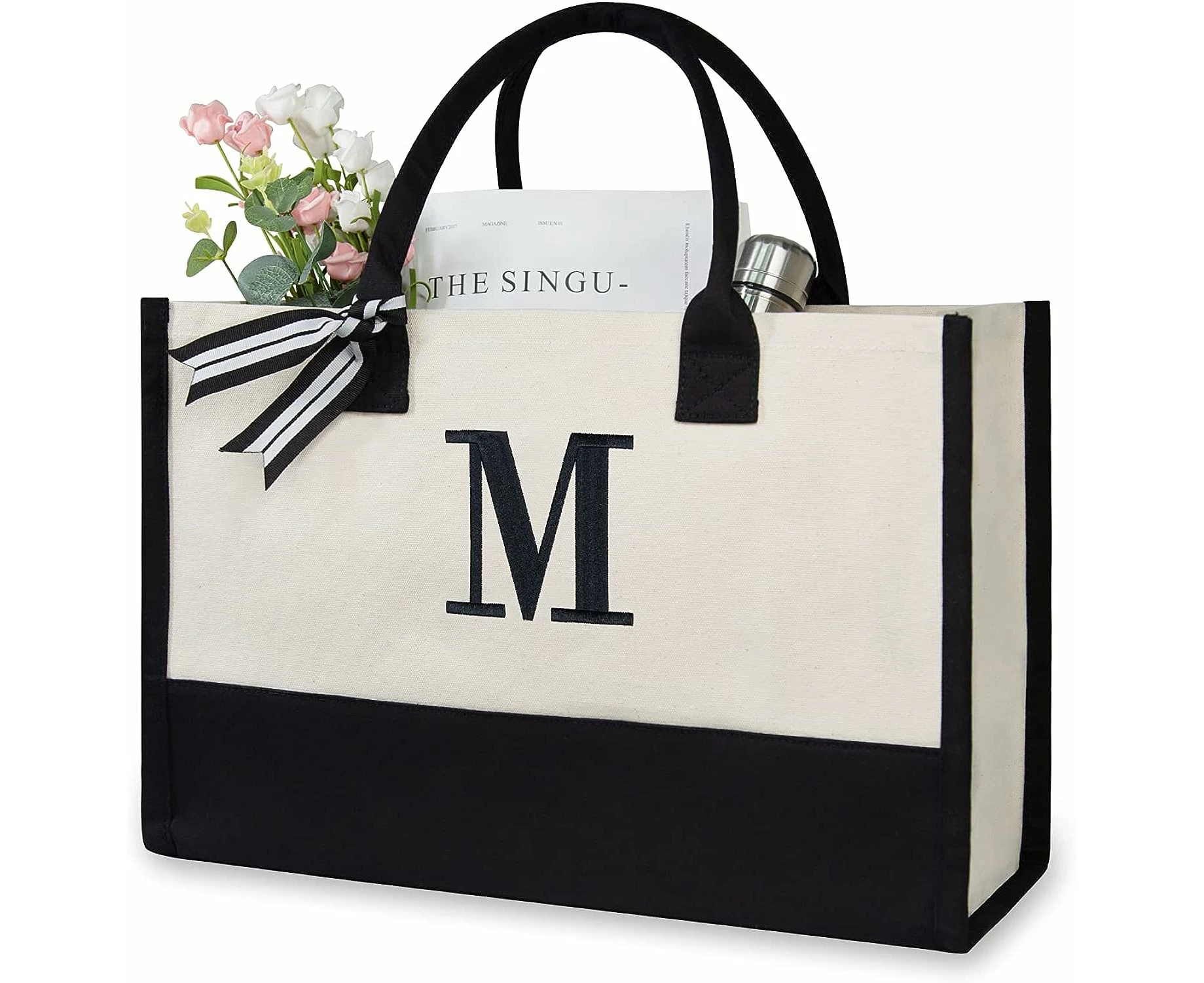 Personalized Initial Canvas Beach Bag,Monogrammed Gift Tote Bag For Women,M