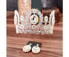 Baroque Women Rhinestone Faux Pearl Crown Tiara Earrings Wedding Jewelry Set Golden + Green