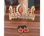 Baroque Women Rhinestone Faux Pearl Crown Tiara Earrings Wedding Jewelry Set Golden + Green