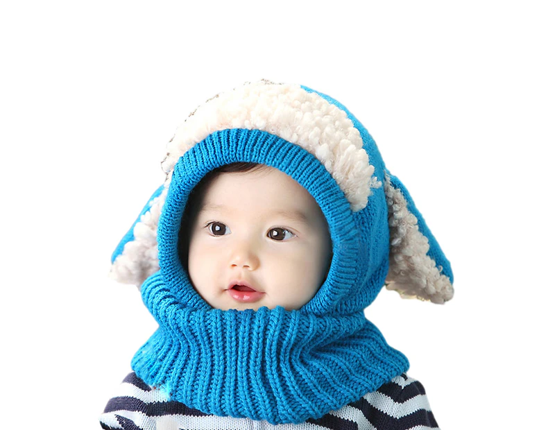 1 Cute Ears Woolen Hat Muffler Poncho for Kids Keep Warm Gift for Kids,blue