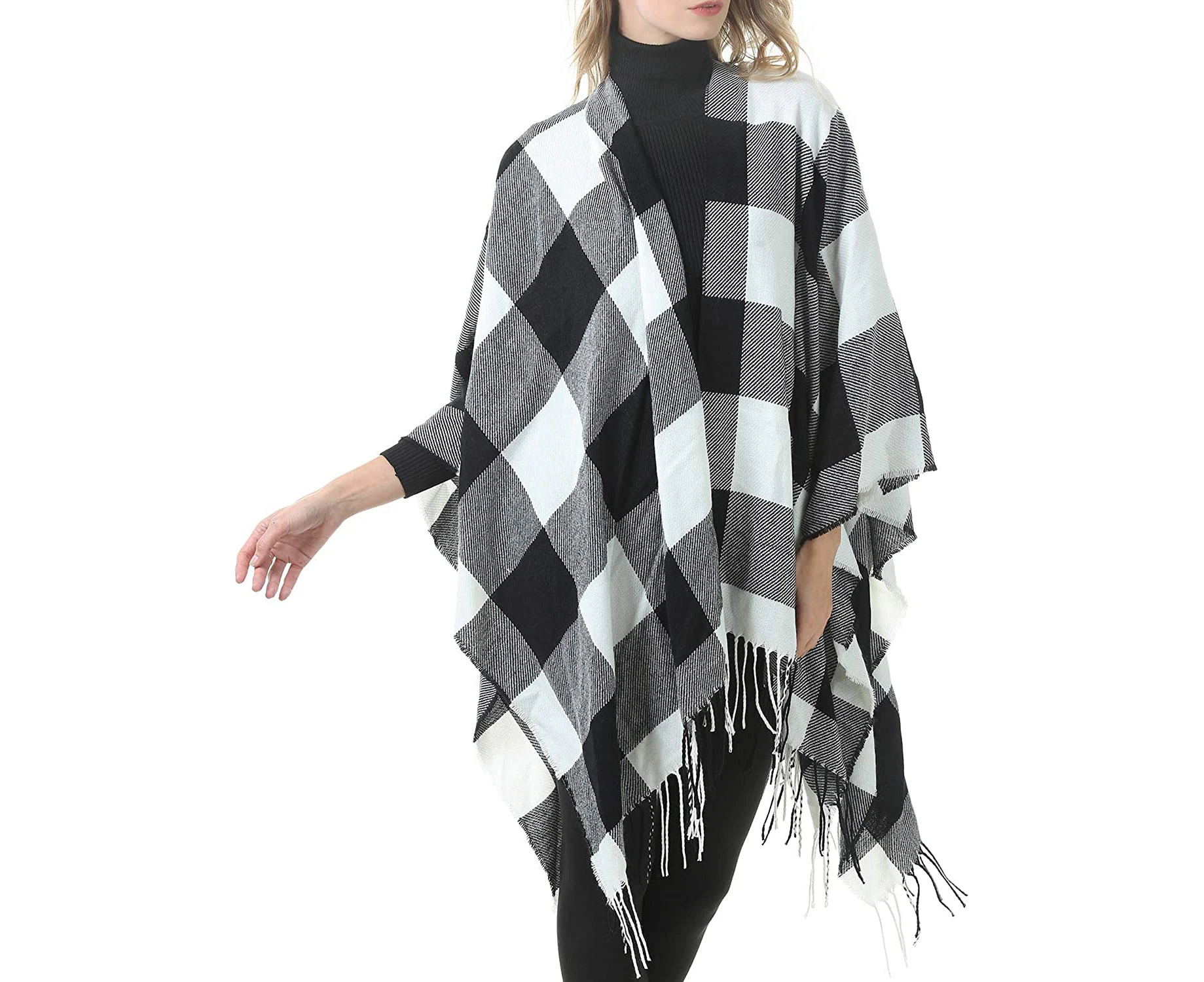 Women's Warm Shawl Wrap Open Front Poncho Cape Color Block Shawls Winter Cardigan Wrap Printed Ponchos for Women