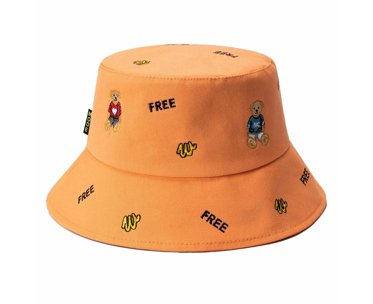 54-58Cm Hat Circumference Summer Hat Female Embroided Bear Fisherman Hat Sunshade Basin Hat Outdoor Sunscreen Hat,Orange