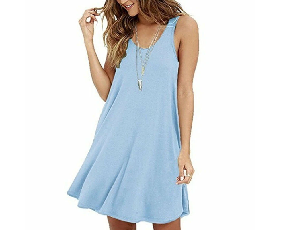 Women'S Pure Color Sleeveless Cotton Summer Casual Tank Top Dress,Light Blue,L