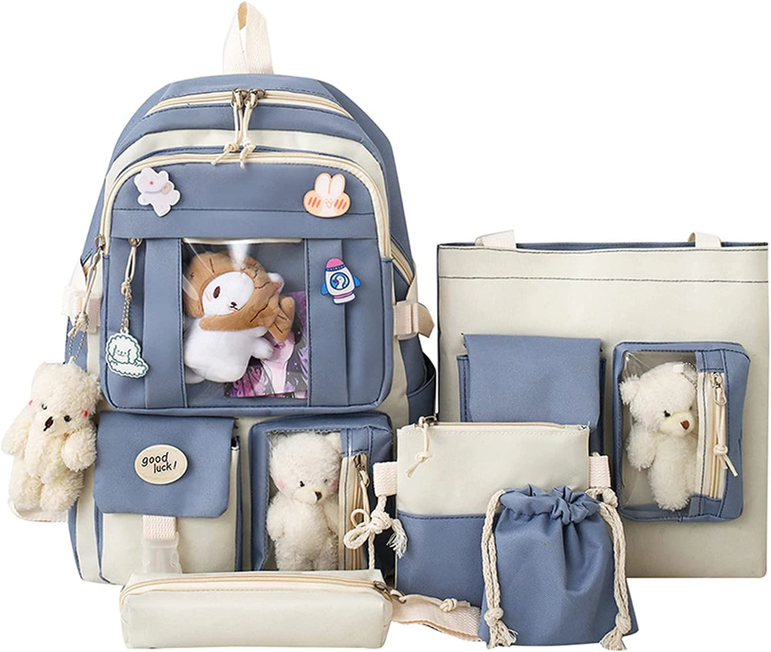 Tool Bag Blue Kawaii Aesthetic School Backpack 5Pcs Combo Set with Cute Bear Pendant Pins Daypack Small Laptop Schoolbag Essential Kit