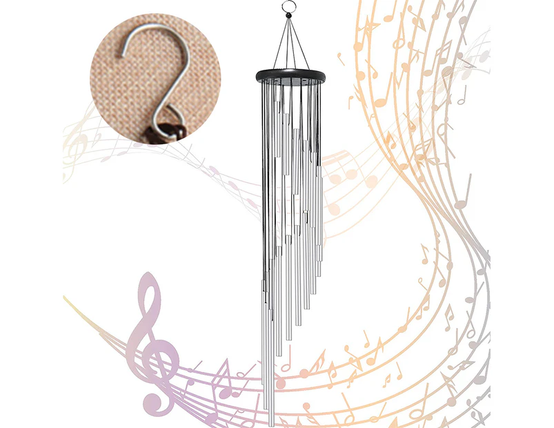 Outdoor Wind Chimes, 90cm Memorial Wind Chimes with Hooks, 18 Aluminum Alloy Tubes Wind Bell with Wood Design-Silver