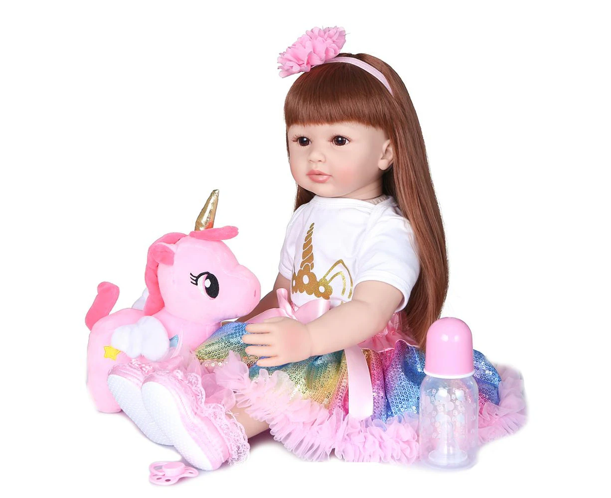 NPK 60CM Soft Silicone cloth body girl baby doll Baby Doll toddler Lifelike Babies Reborn Doll in pink dress two colors hair