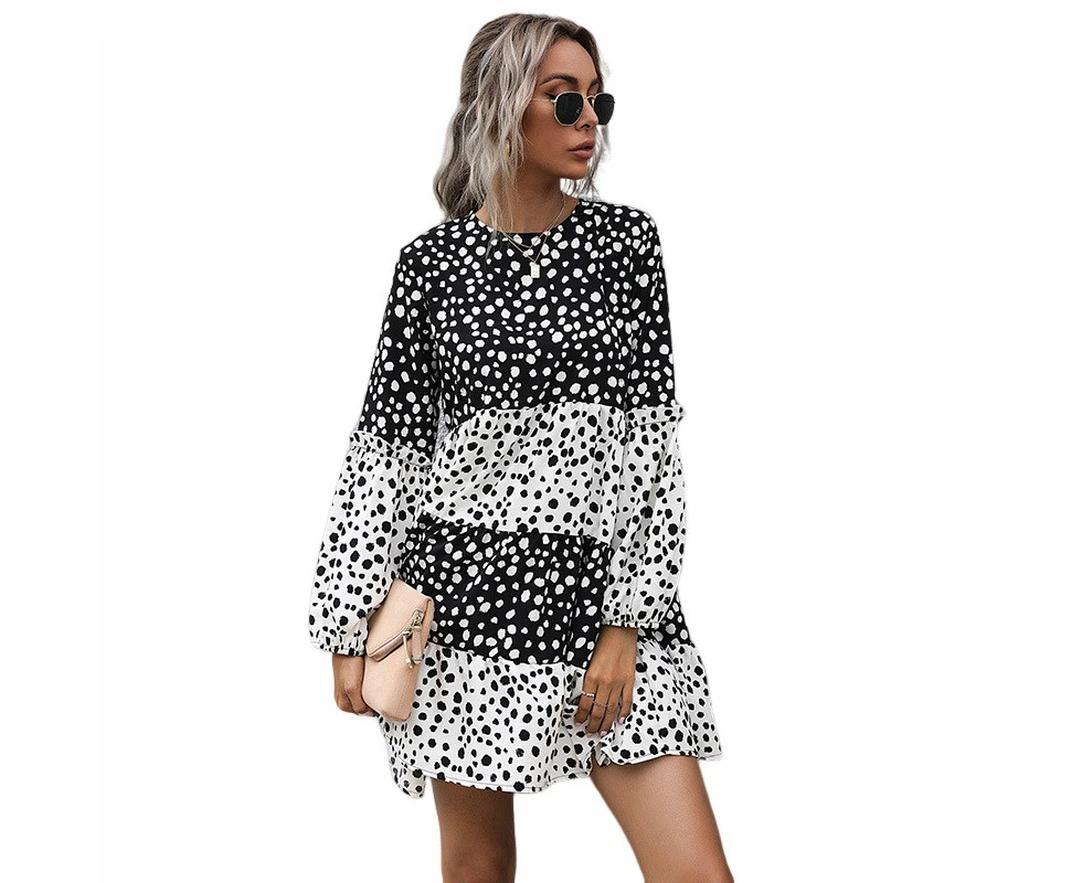 Women's Ruffled Round Neck Printed Long Sleeve Dress - SAME AS PICTURE