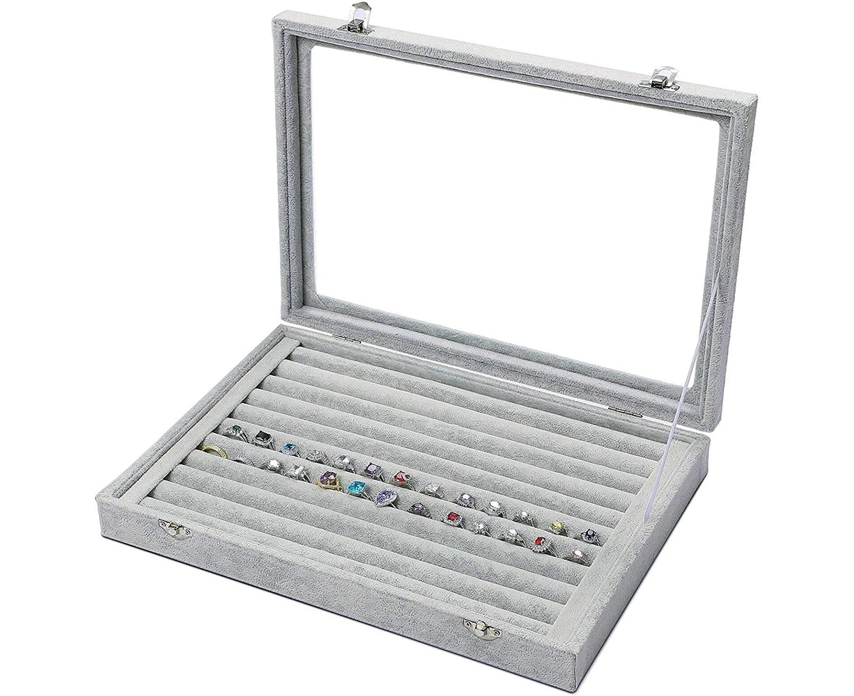 Velvet Ring Storage Box - Jewelry Holder with Clear Glass Lid Hold Up To Display Box Tray - Rings, Earrings, Pendants & Cufflinks