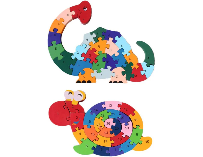 2Pcs Wooden Animal Puzzles, Alphabet Jigsaw Puzzle Building Blocks Alphabet Animal Puzzle for Children Toddlers-Snail& Dinosaur