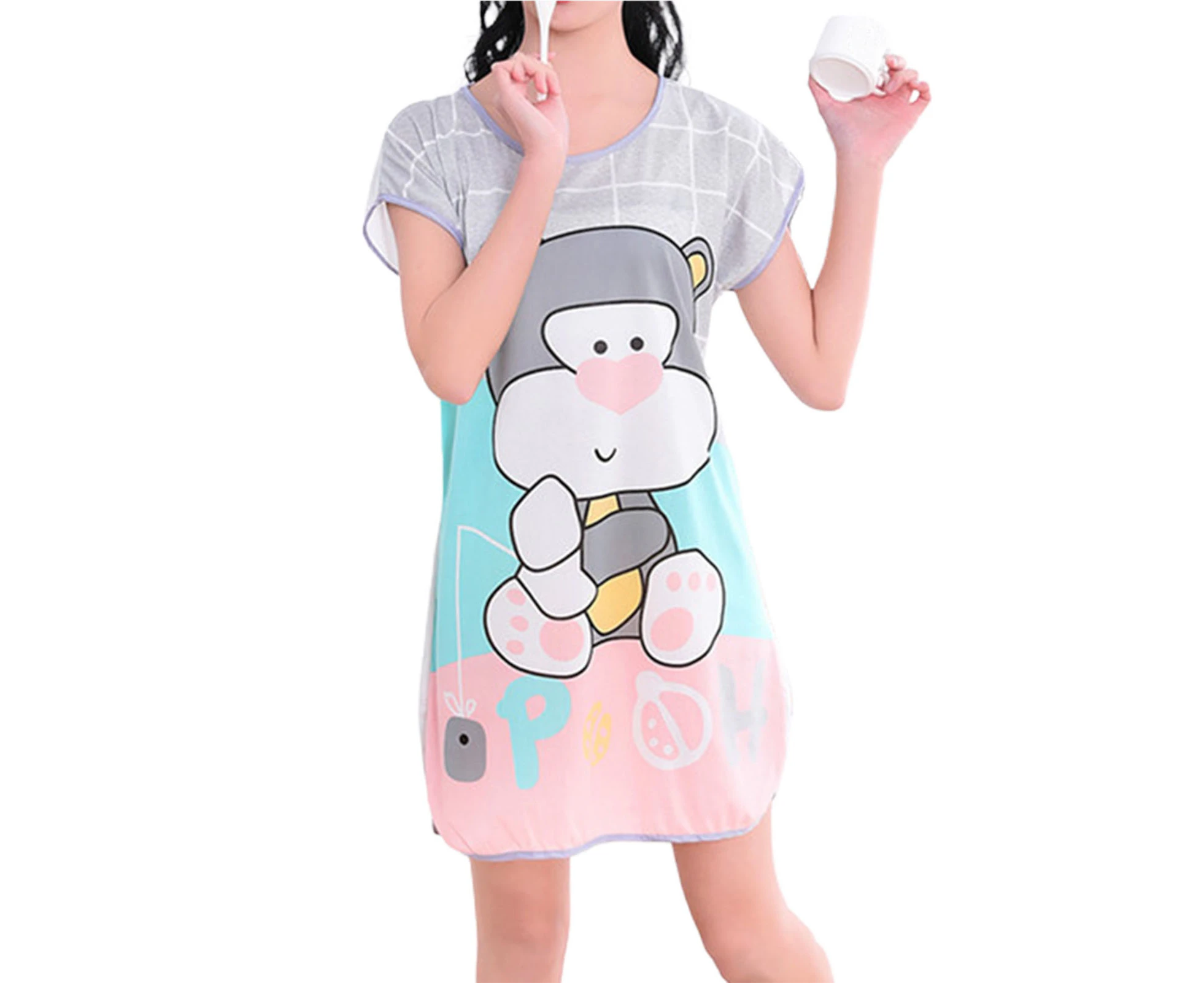 Minbaeg Sleeping Dress Cartoon Pattern Cute Female Round Neck Nighty Dress for Bedroom-Grey One Size - Grey