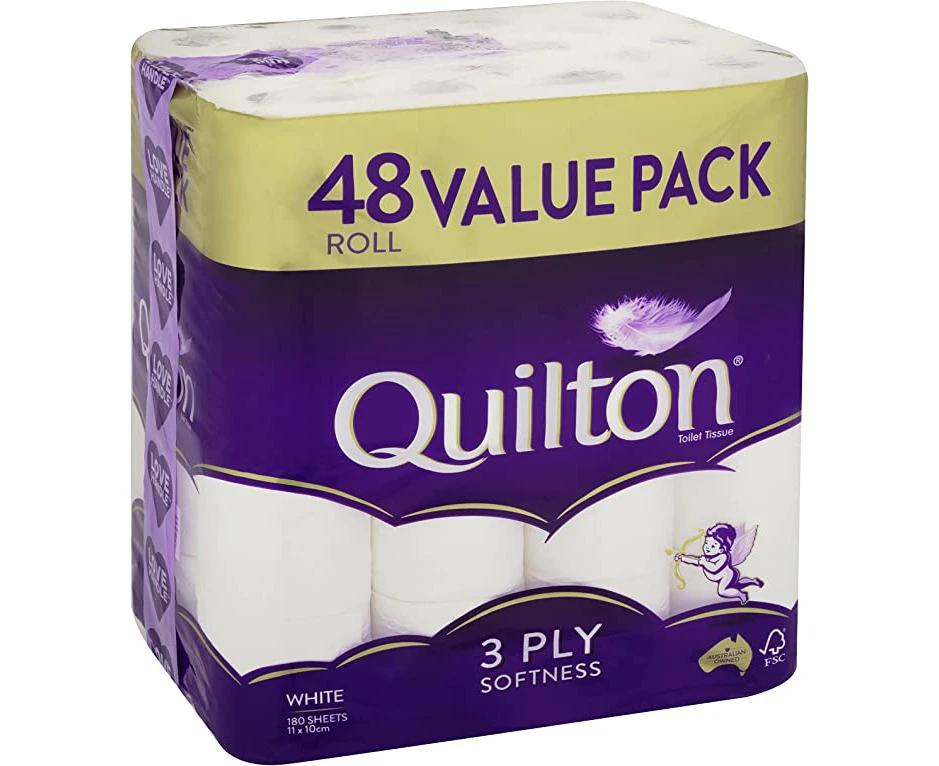 Quilton 3 Ply Toilet Tissue (180 Sheets per Roll, 11x10cm), Pack of 48 (no Inners Packs)