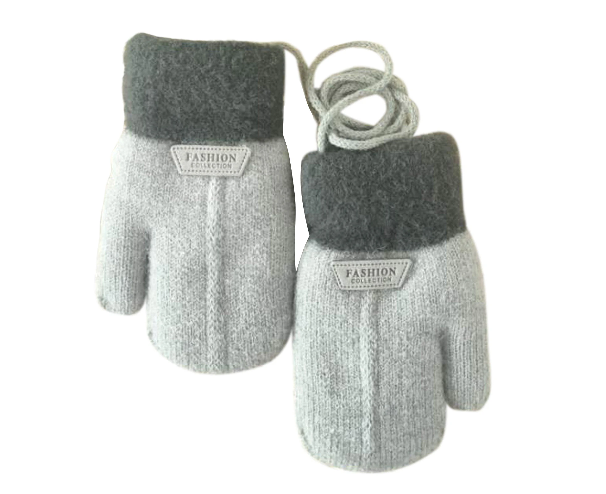 1 Pair Hanging Rope Halter Thickened Fleece Lining Winter Gloves Letter Logo Solid Color Baby Knitting Mittens Grey