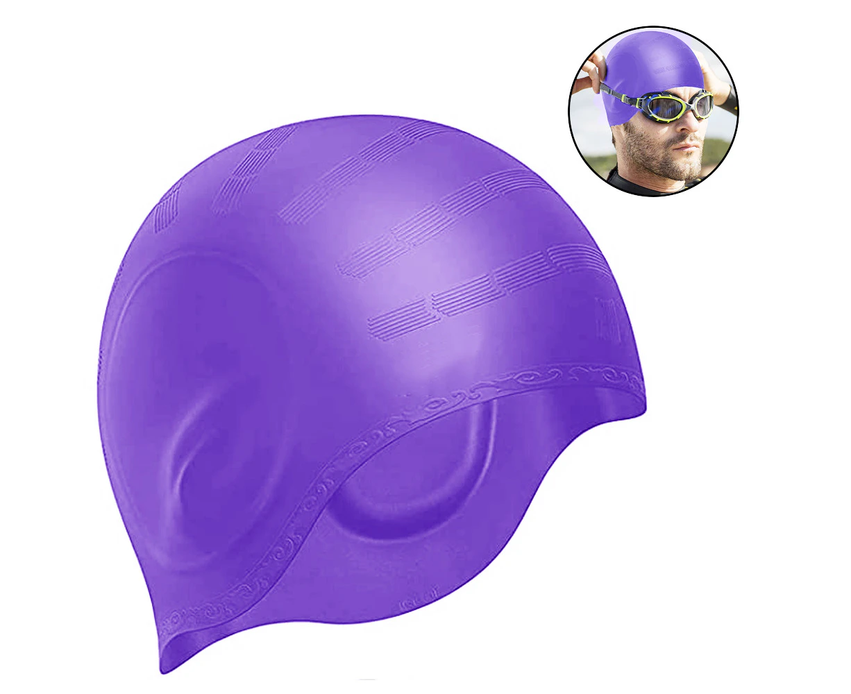 Swim Cap for Women and Men with Average or Large Heads - Great for Adults, Older Kids, Boys and Girls - Free Nose Clip-Purple