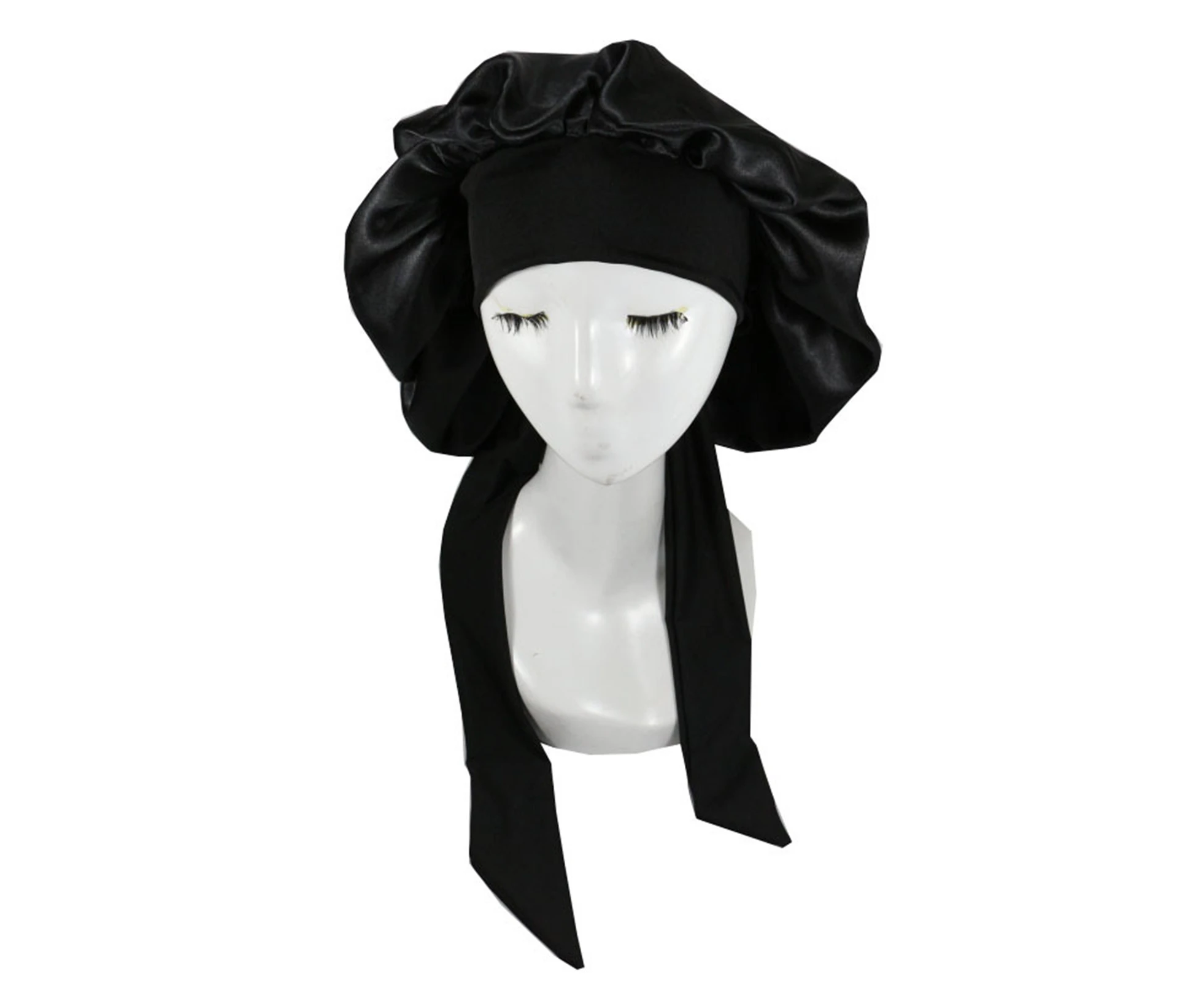 ishuif Satin Bonnet Skin-friendly Wear Resistant Imitation Silk Braid Sleeping Bonnet Cap for Home-Black