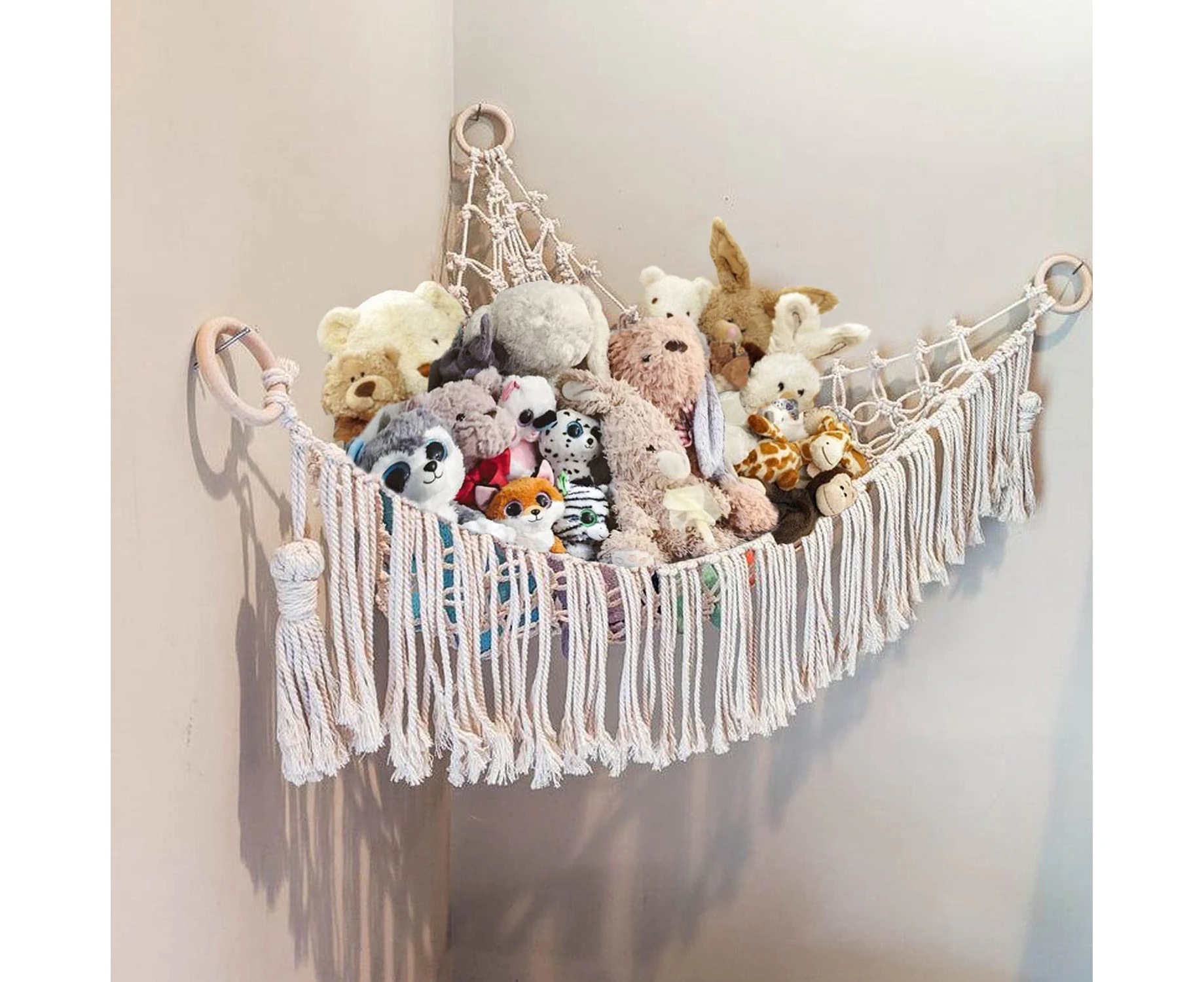 Stuffed Animal Toy Hammock Macrame with light, Corner Toy Corner Hammock Organizer Display Holder Net for Hanging Stuff Animals